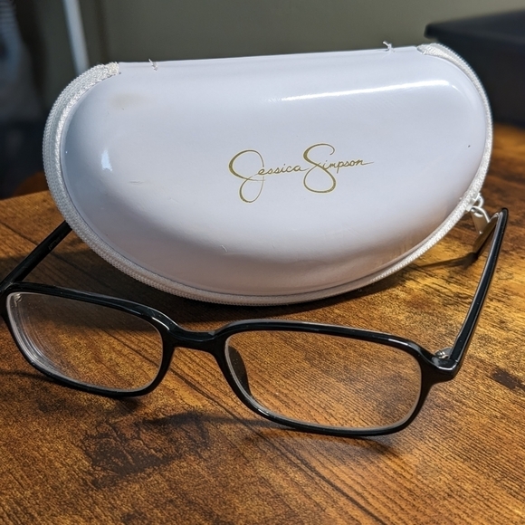 Ebony Black Plastic 🤓 Frames With Jessica Simpson Hard Side Glasses Case EUC - Picture 1 of 11